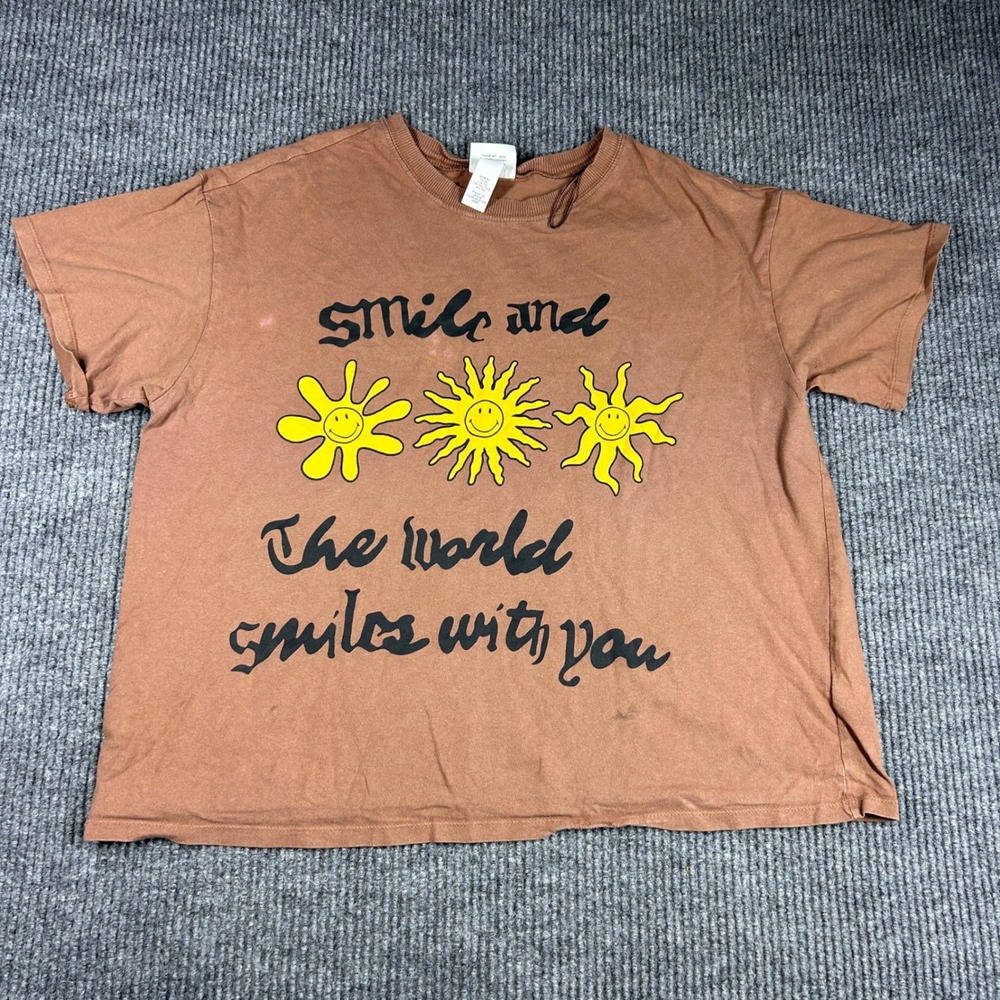 Smiley x H&M Shirt Mens XL Brown Graphic Smile and the World Smiles With You